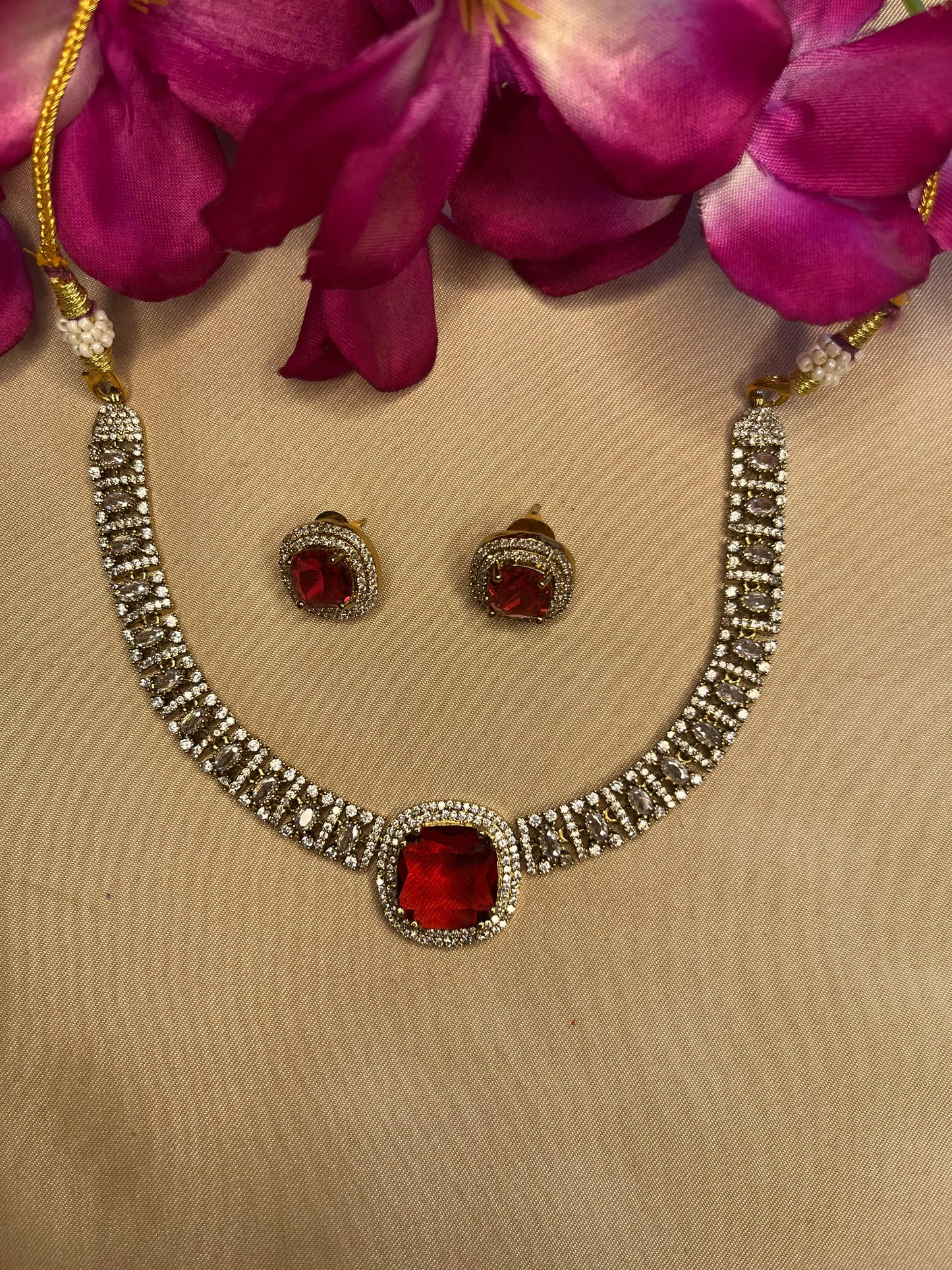 Crimson Elegance: Ruby Red Stone Choker Set with Antique Finish