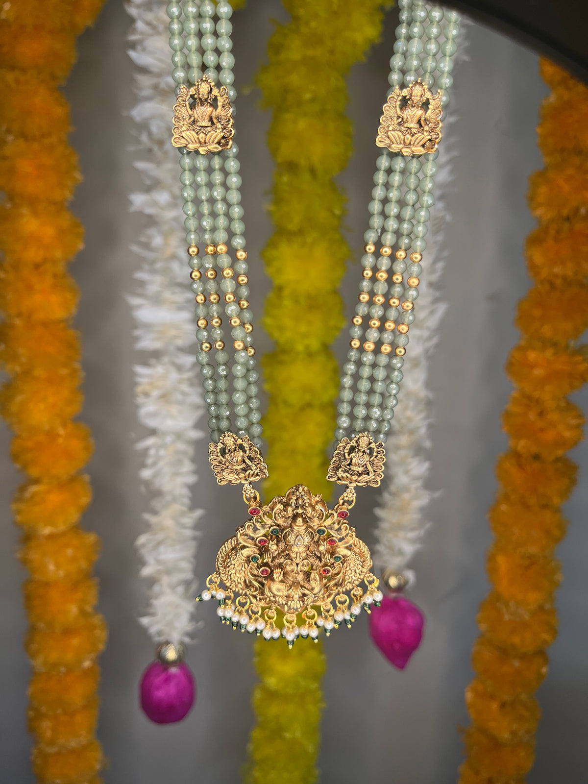 Sea green colour beads haram with Lakshmi pendant