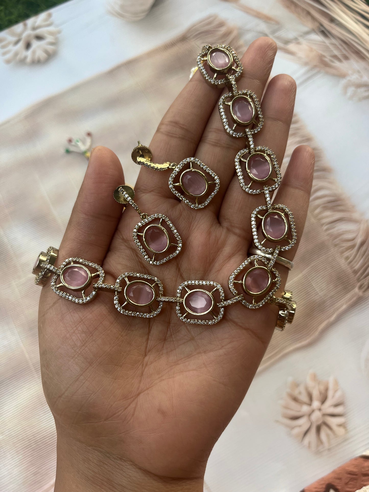 Blush Royale: Vintage Pink Stone Necklace Set with Antique Detailing