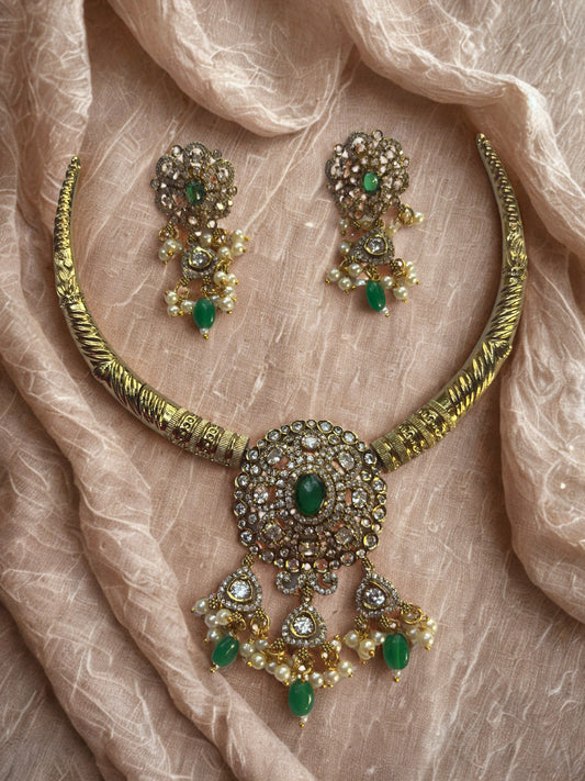 Antique Gold Necklace with Green Beads & Pearls
