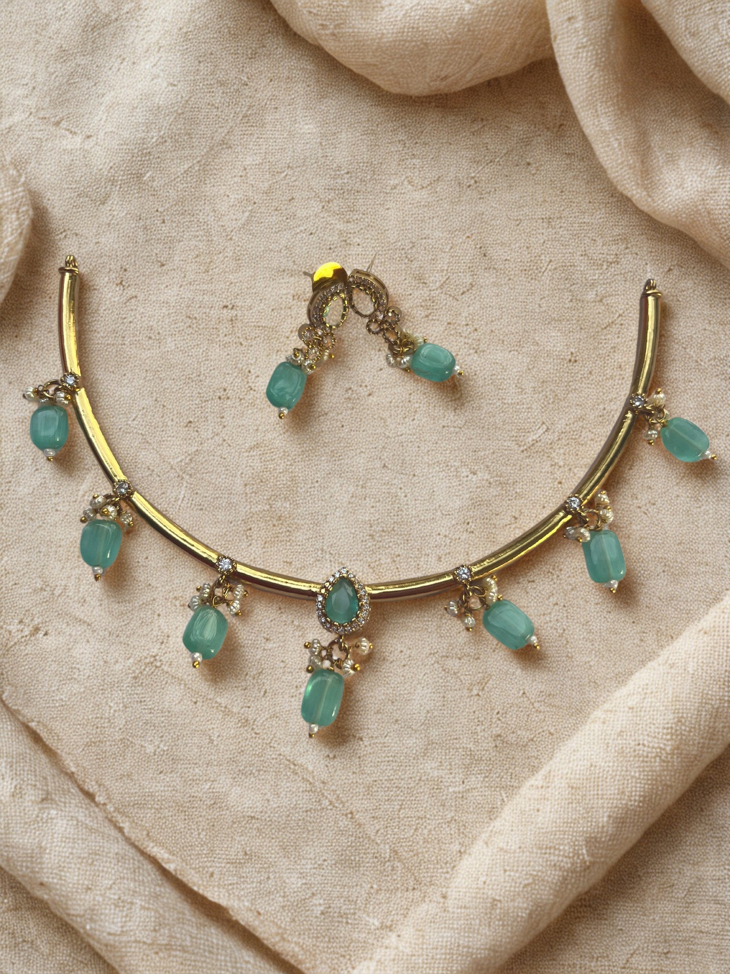 Mint Green Drop Beads Necklace with Gold Toned Finish
