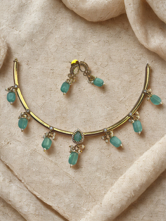 Mint Green Drop Beads Necklace with Gold Toned Finish