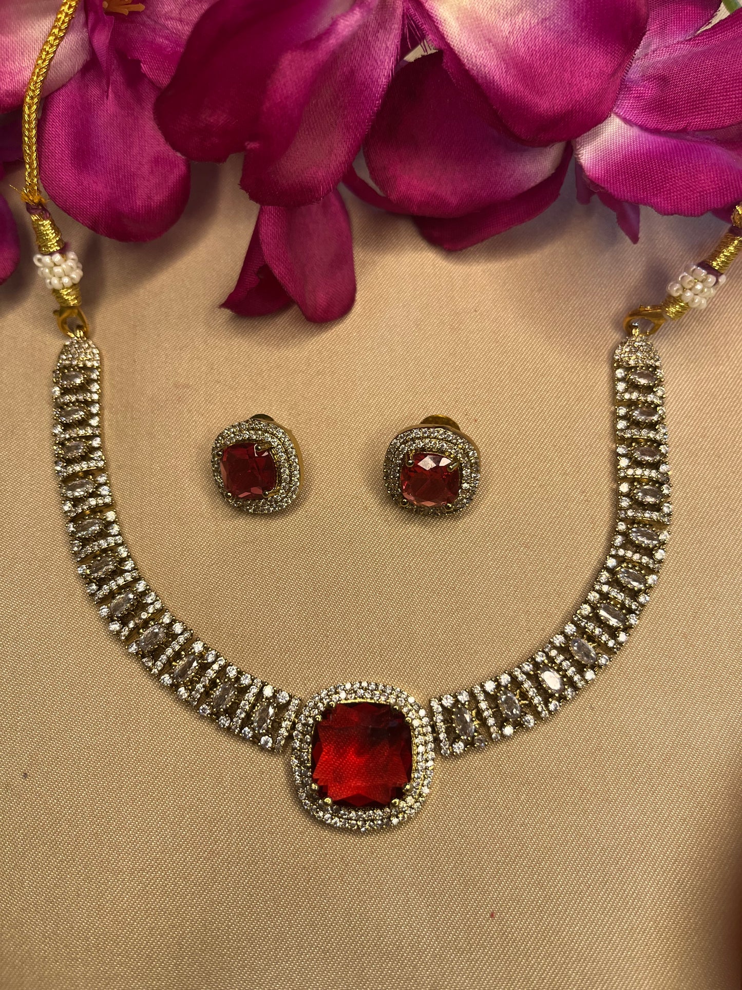 Crimson Elegance: Ruby Red Stone Choker Set with Antique Finish