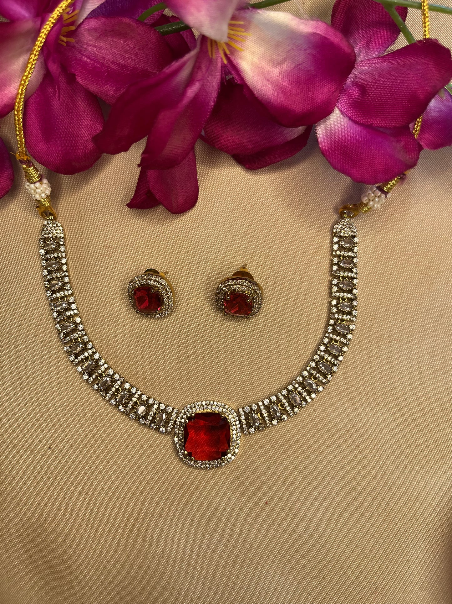 Crimson Elegance: Ruby Red Stone Choker Set with Antique Finish