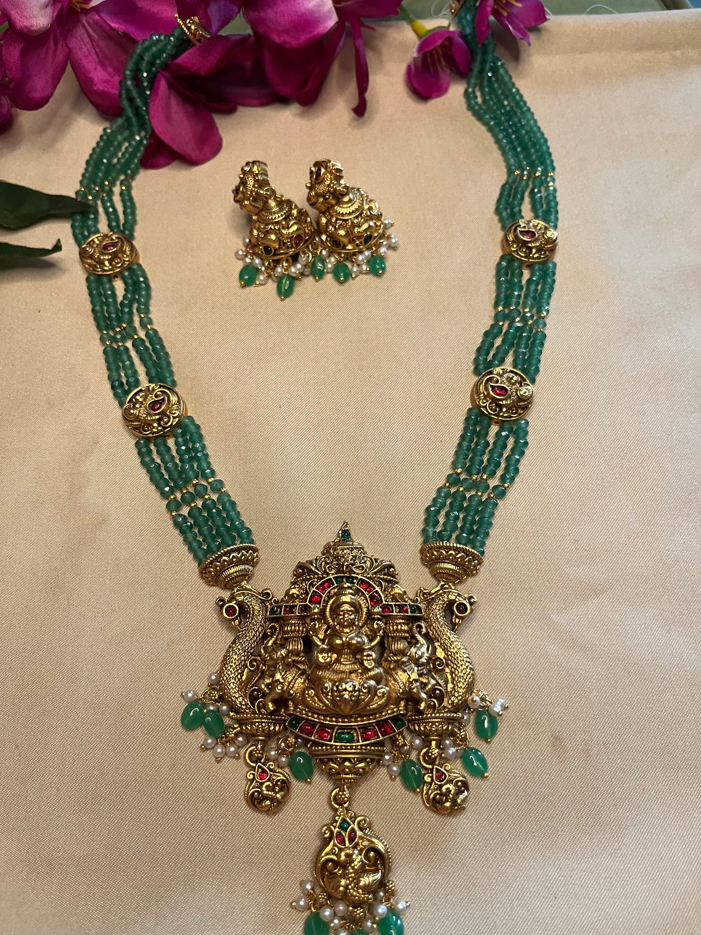 Lakshmi Devi Long Haram with green bead