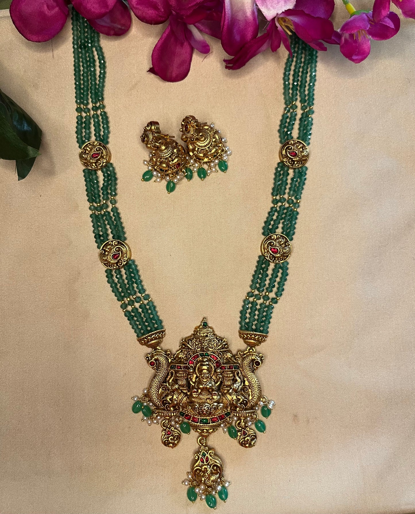 Lakshmi Devi Long Haram with green bead