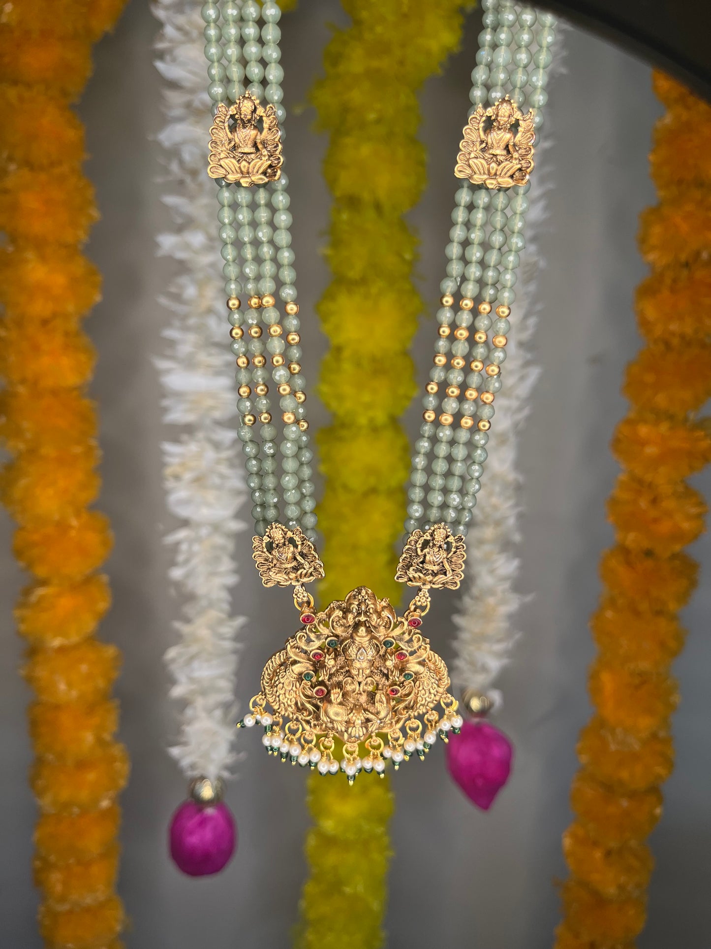 Sea green colour beads haram with Lakshmi pendant