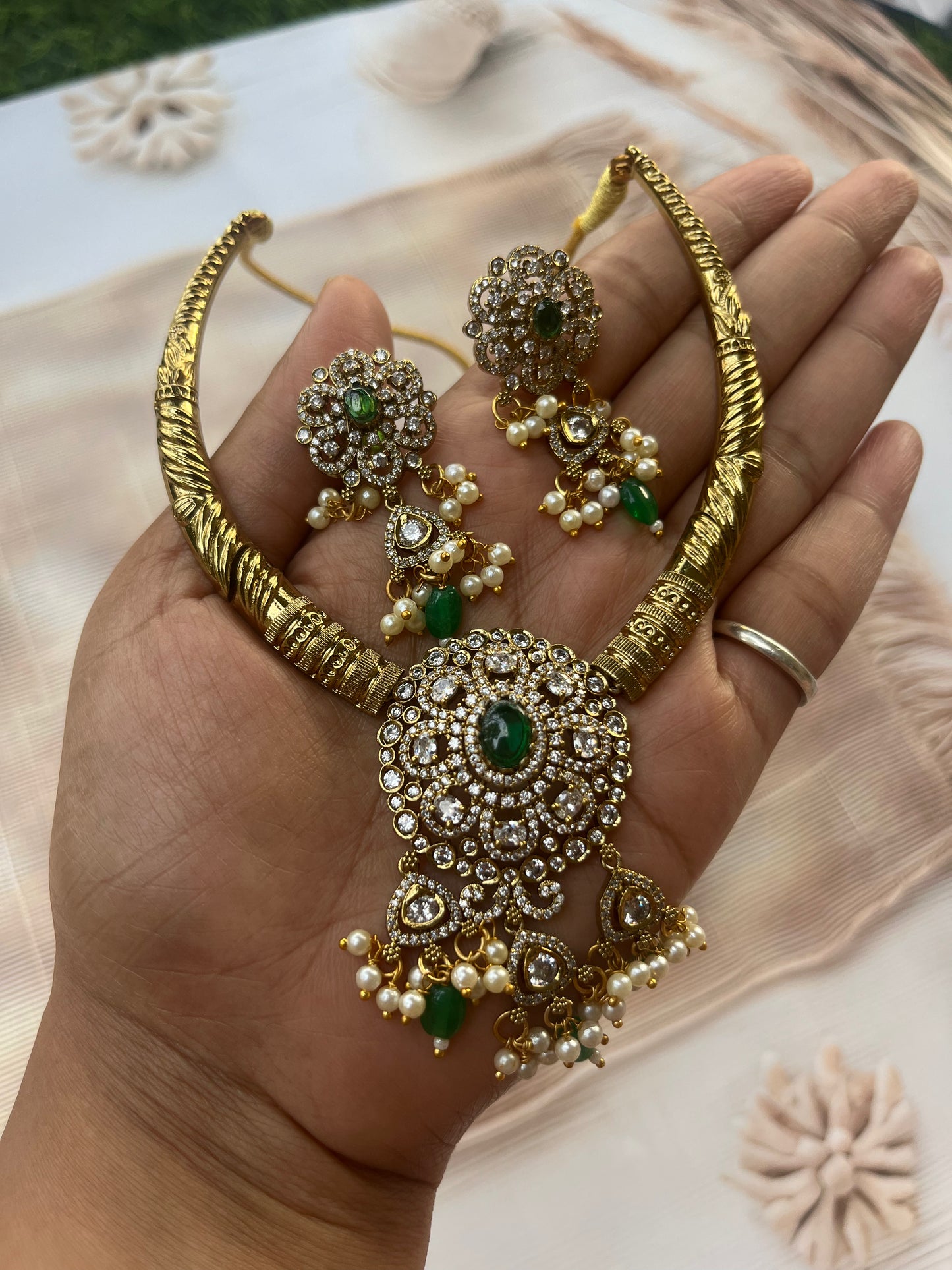Antique Gold Necklace with Green Beads & Pearls
