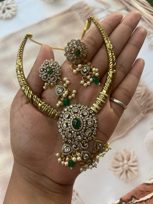 Antique Gold Necklace with Green Beads & Pearls