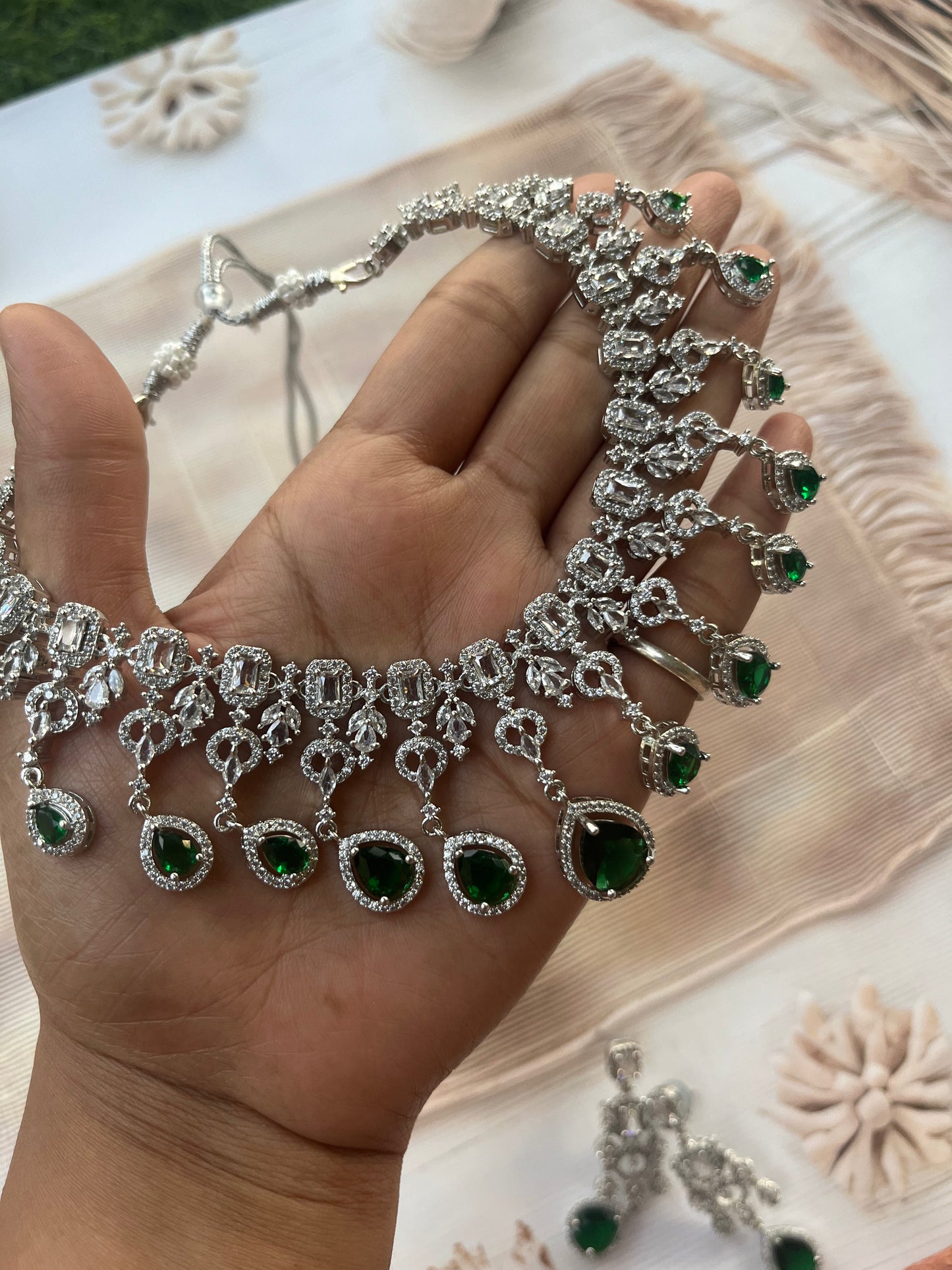 AD necklace in green with green emerald drops