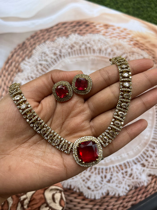 Crimson Elegance: Ruby Red Stone Choker Set with Antique Finish