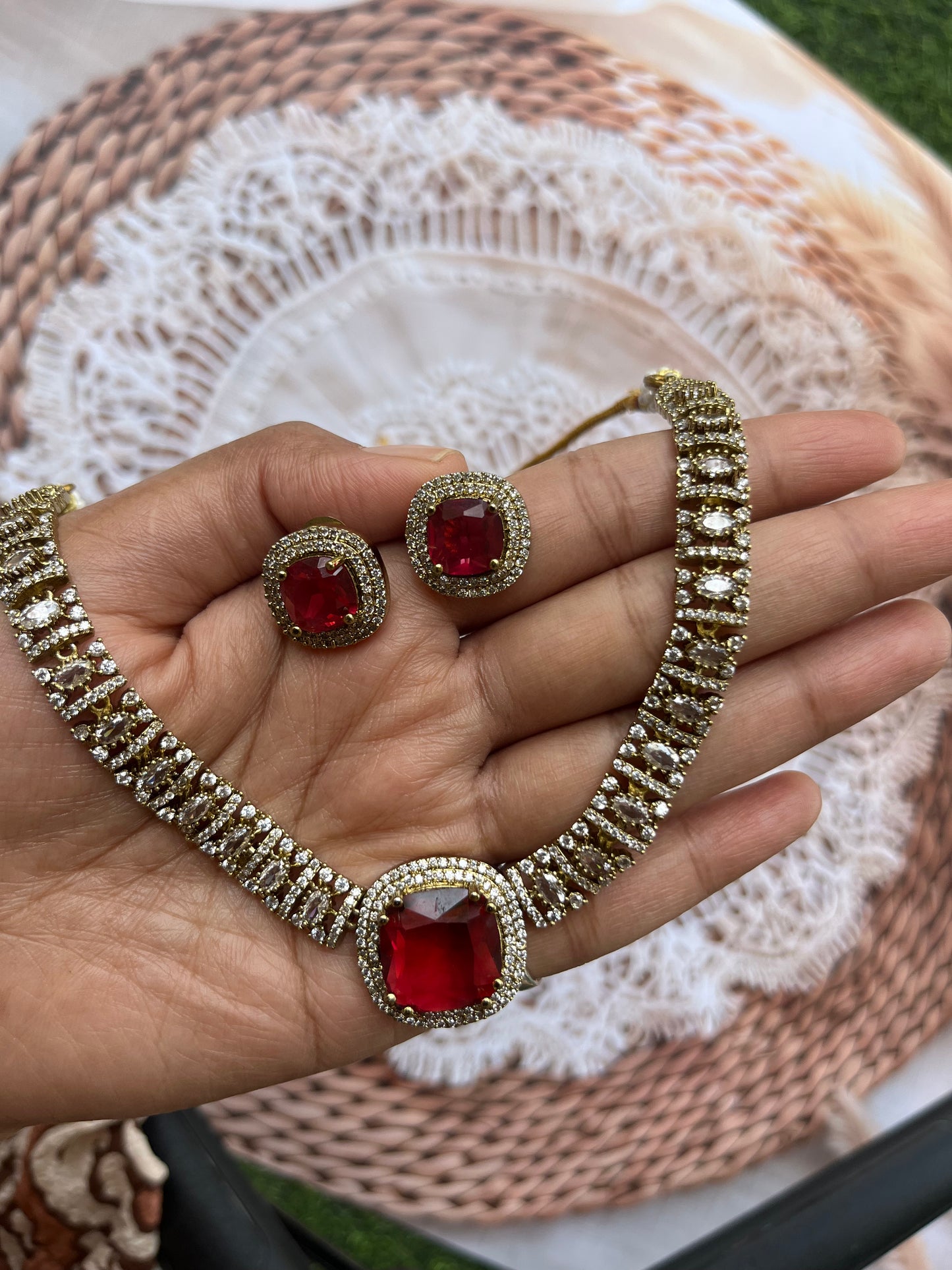 Crimson Elegance: Ruby Red Stone Choker Set with Antique Finish
