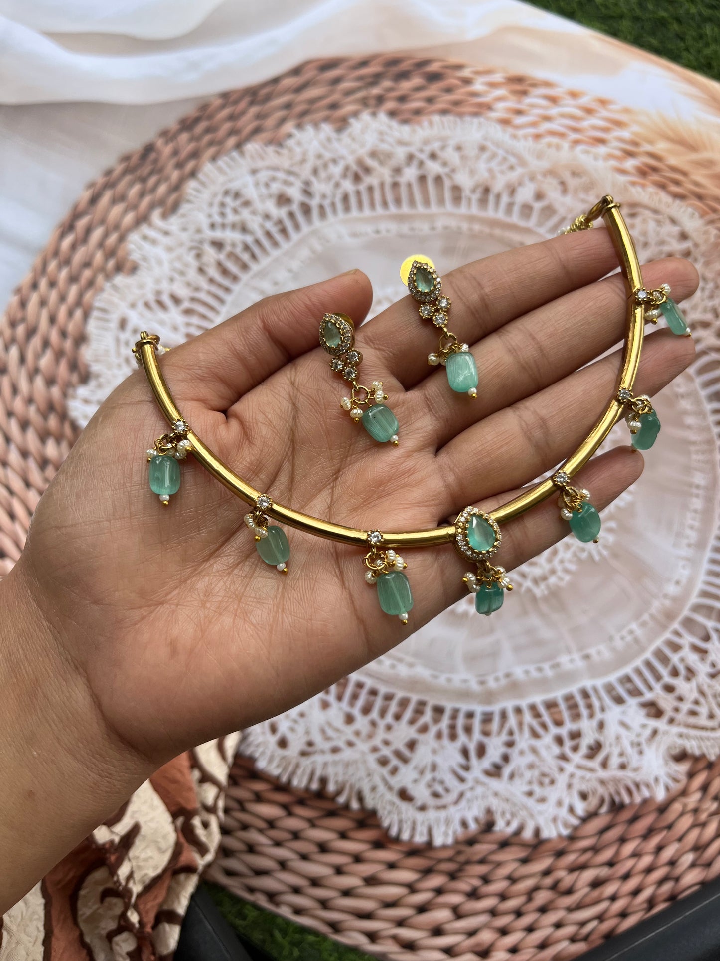 Mint Green Drop Beads Necklace with Gold Toned Finish