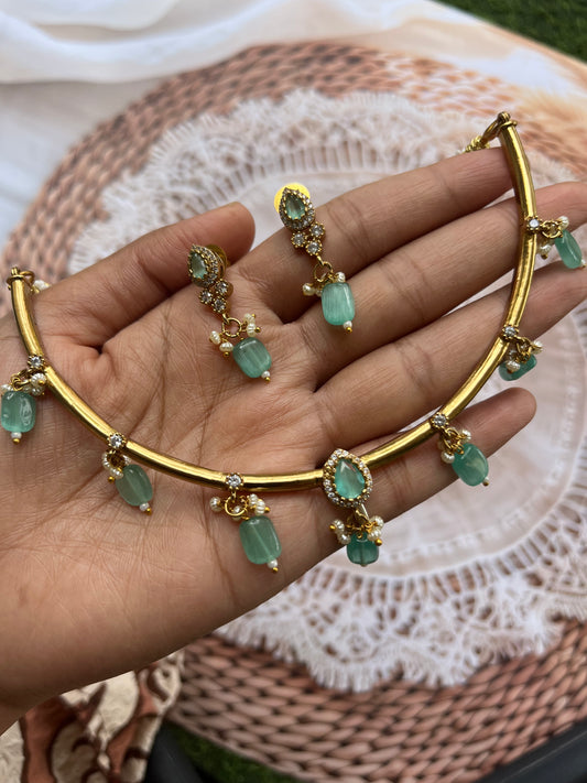 Mint Green Drop Beads Necklace with Gold Toned Finish