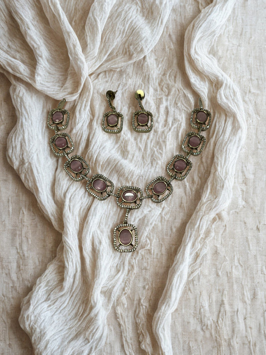 Blush Royale: Vintage Pink Stone Necklace Set with Antique Detailing